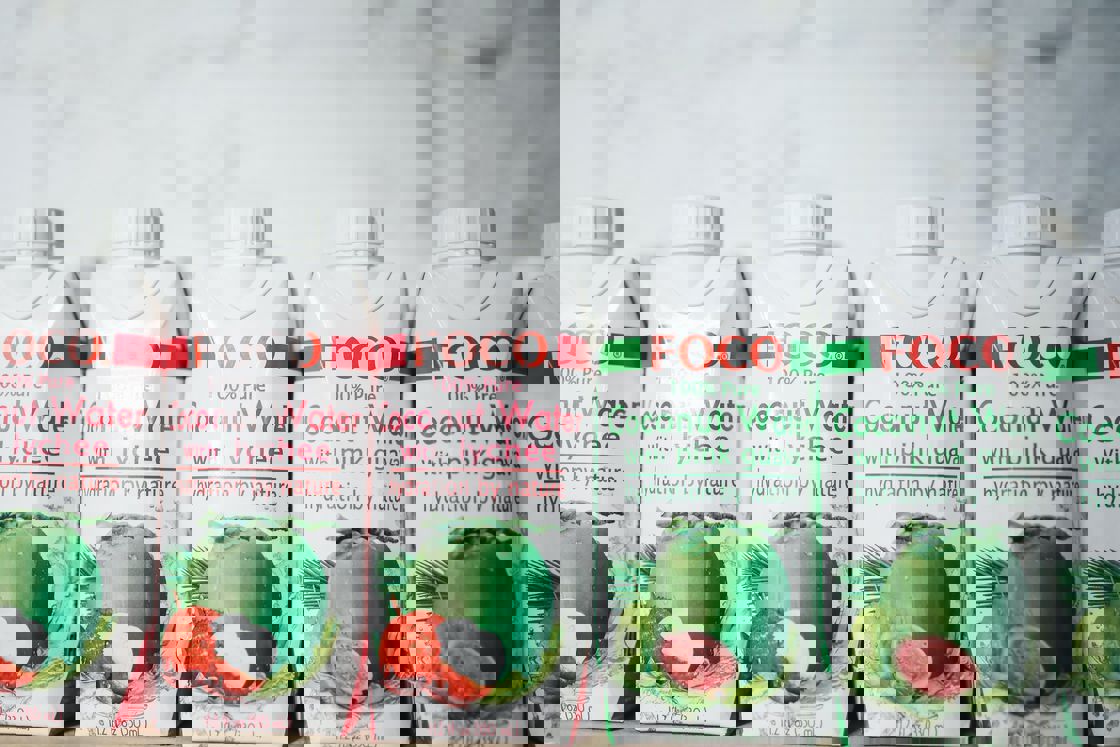 Boxes of pre-packaged coconut water with different flavors